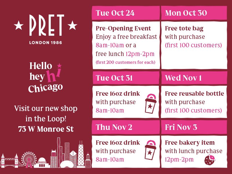 The Chicago Loop (@chiloopalliance) on Twitter photo Great news! <a href="/PretUsa/">Pret A Manger USA</a> makes its grand return to the Loop tomorrow, Tuesday, October 24! Don’t miss out on a chance for a a free meal! See below for details.
📍73 W. Monroe Great news! <a href="/PretUsa/">Pret A Manger USA</a> makes its grand return to the Loop tomorrow, Tuesday, October 24! Don’t miss out on a chance for a a free meal! See below for details.
📍73 W. Monroe