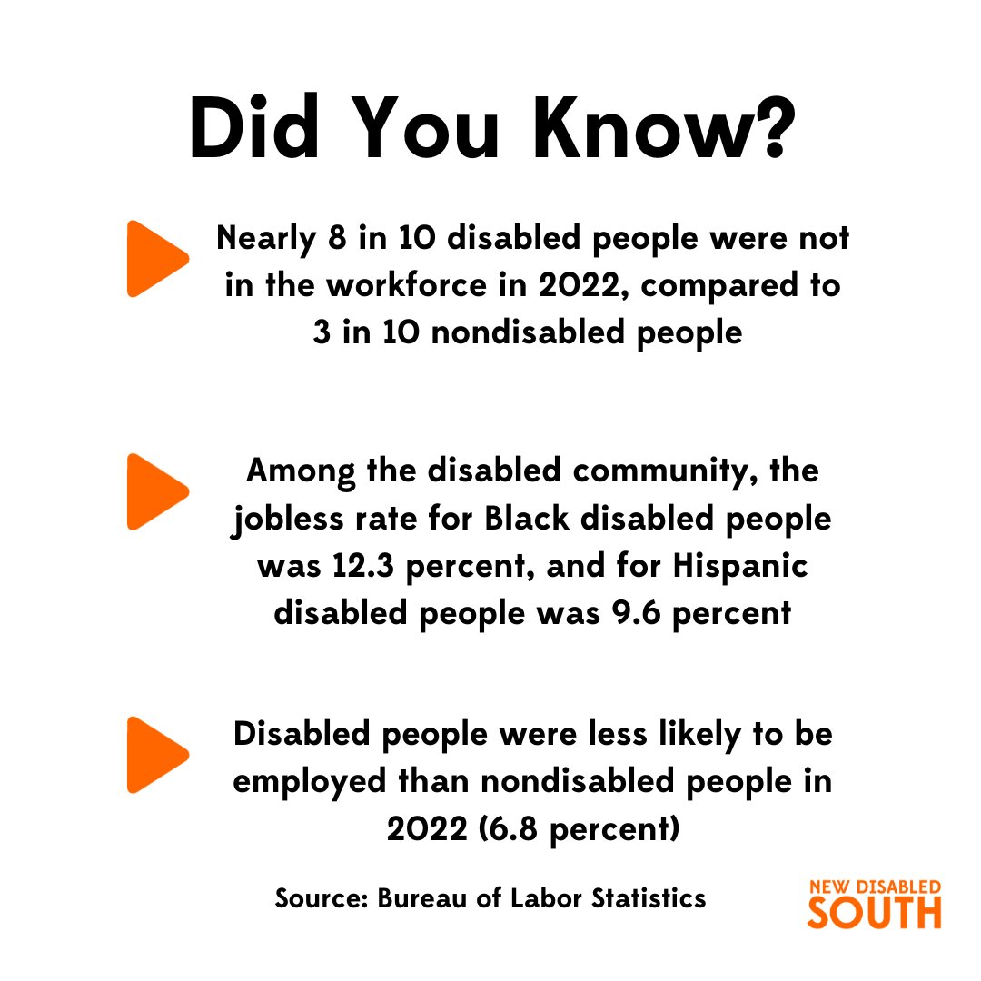 DisabledSouth's tweet image. It's #NationalDisabilityEmploymentAwarenessMonth, and this is the reality for disabled people in the workforce. Disabled people deserve to thrive, but are disproportionately underrepresented in the labor force compared to nondisabled workers.