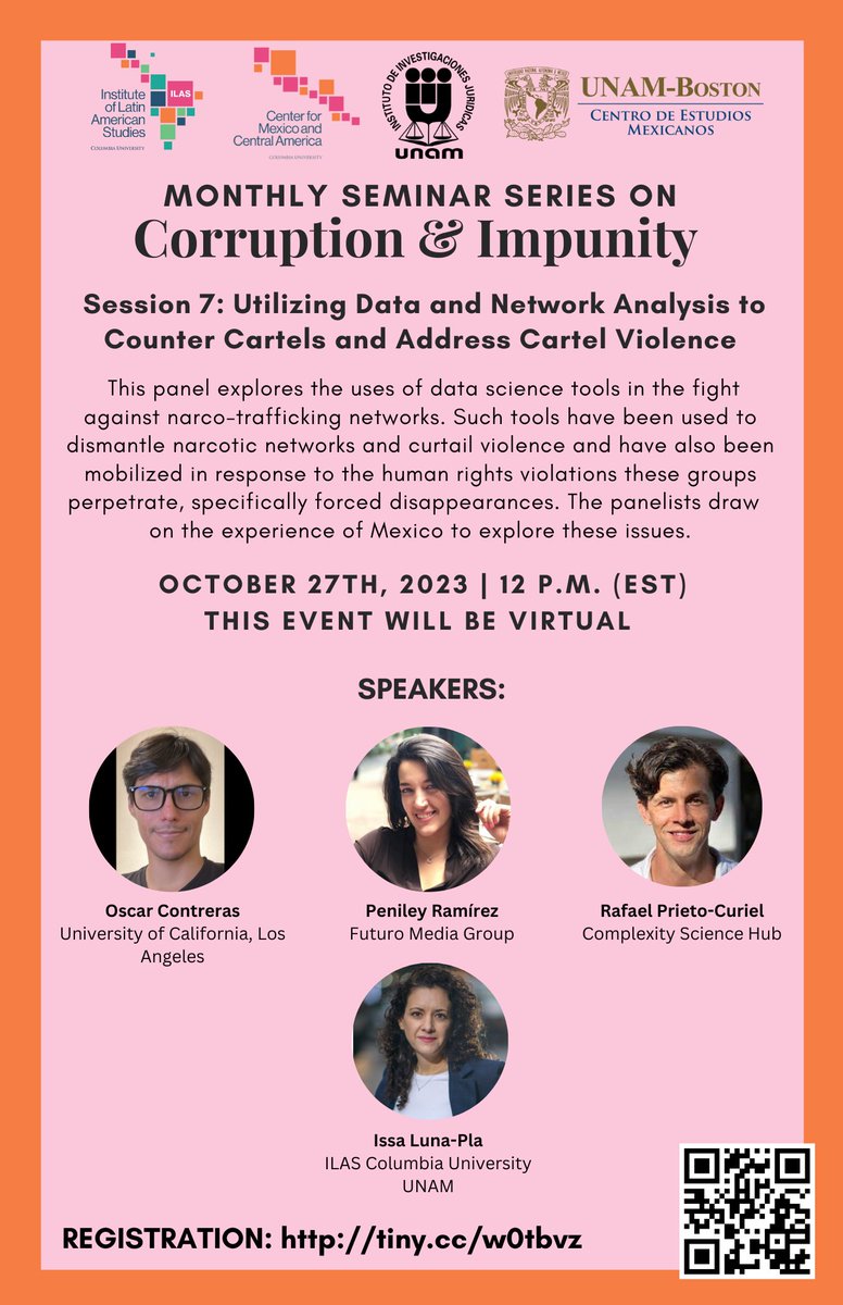 Coming up this Friday, the 27th! Join us for a compelling discussion featuring an exceptional lineup of experts in crime and data analysis, focusing on the Mexican case. @cemeca_columbia @ILASColumbia @IIJUNAM @unamboston @penileyramirez @rafaelprietoc