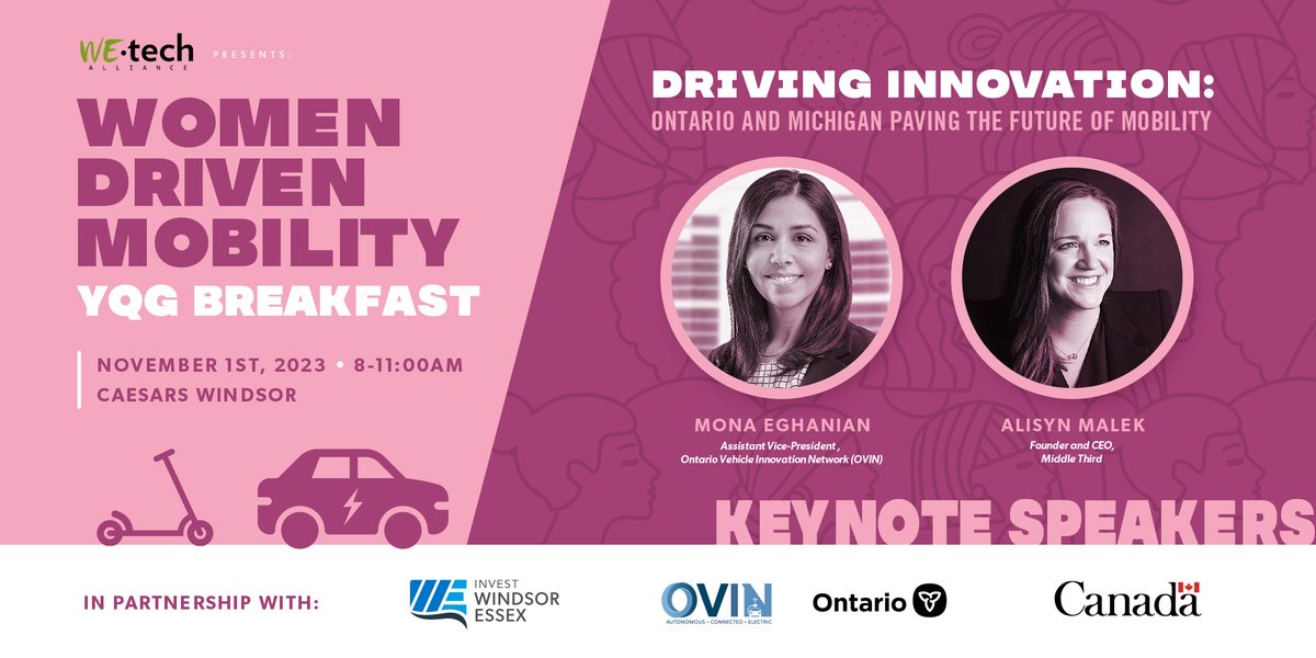 Discover the future of mobility at the Women Driven Mobility YQG Breakfast on Nov 1. Keynote speakers <a href="/meghanian/">Mona Eghanian</a> &amp; <a href="/alisyn_malek/">Alisyn Malek</a> will inspire you w/ insights into Ontario &amp; Michigan's mobility landscape. 
➡️ bit.ly/48S61X6

<a href="/WEtechAlliance/">WEtech Alliance</a> <a href="/FedDevOntario/">FedDev Ontario</a> <a href="/OVINhub/">OVINhub</a> #IWE