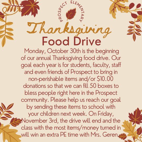 <a href="/prospectvikings/">Prospect Elementary</a> it’s almost time to get started with our annual Thanksgiving food drive. We have been doing this for over 30 years and have been able to help so many families.  Let’s make this the best year yet. <a href="/SafflesSlater/">Karen Saffles-Slater</a> <a href="/BradleySchools/">Bradley Co. Schools</a>