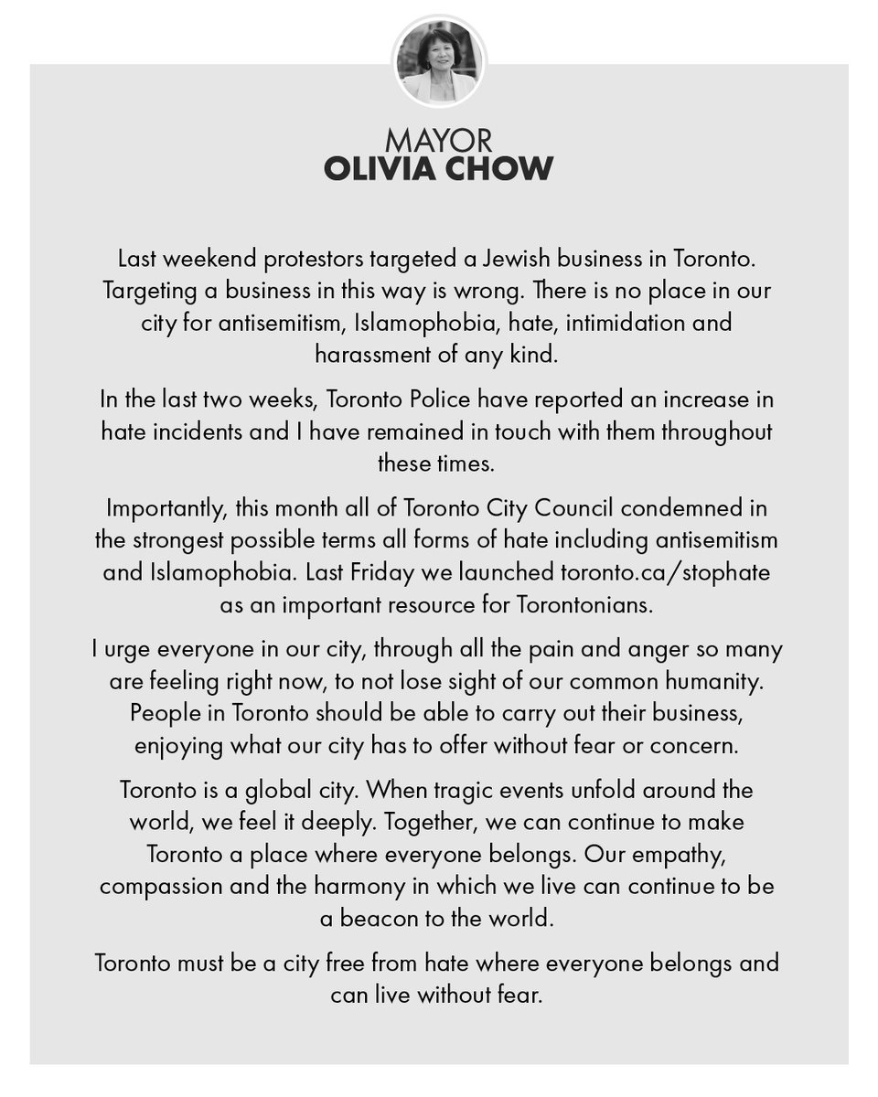 MayorOliviaChow's tweet photo. Last weekend protestors targeted a Jewish business in Toronto. Targeting a business in this way is wrong. There is no place in our city for antisemitism, Islamophobia, hate, intimidation and harassment of any kind. https://t.co/wyTjMjHLZo