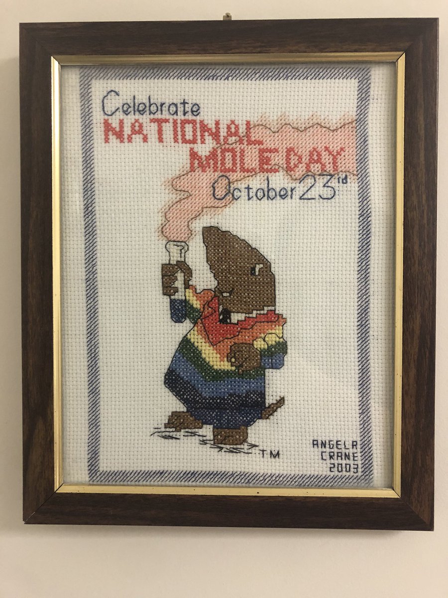 Now hung proudly in my office… the cross stitch I made for my High School Chem teacher for Mole day exactly 20 years ago (!!!) that was gifted back to me when she retired. 

#HappyMoleDay #chemistry