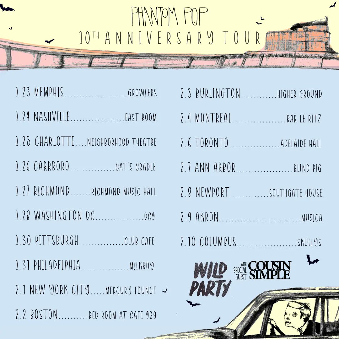 wildparty's tweet photo. RT FOR A CHANCE TO WIN A PHANTOM POP VINYL

We're pumped to hit so many cities we haven't been to in ages with our homies in @cousinsimple_. This is the 1st of many Phantom Pop 10 year anniversary tours next year. 

Tickets on sale Wed at 10 am cst. 

https://t.co/6FGtf80Hqs

❤️ https://t.co/sHzCb1DVST
