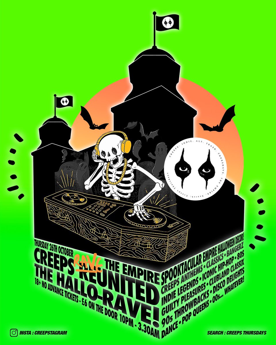Creeps_Thursday's tweet photo. : This Thursday (26th October)… C R E E P S X EMPIRE - THE HALLO-RAVE! 🎃💚🩸👻🕸️💀 DANCE ‘TILL YOU’RE DEAD! 🧟 10PM.. The Empire #creepsxempire #middlesbrough #teesside #boro #UTB https://t.co/5kkpSurpXI