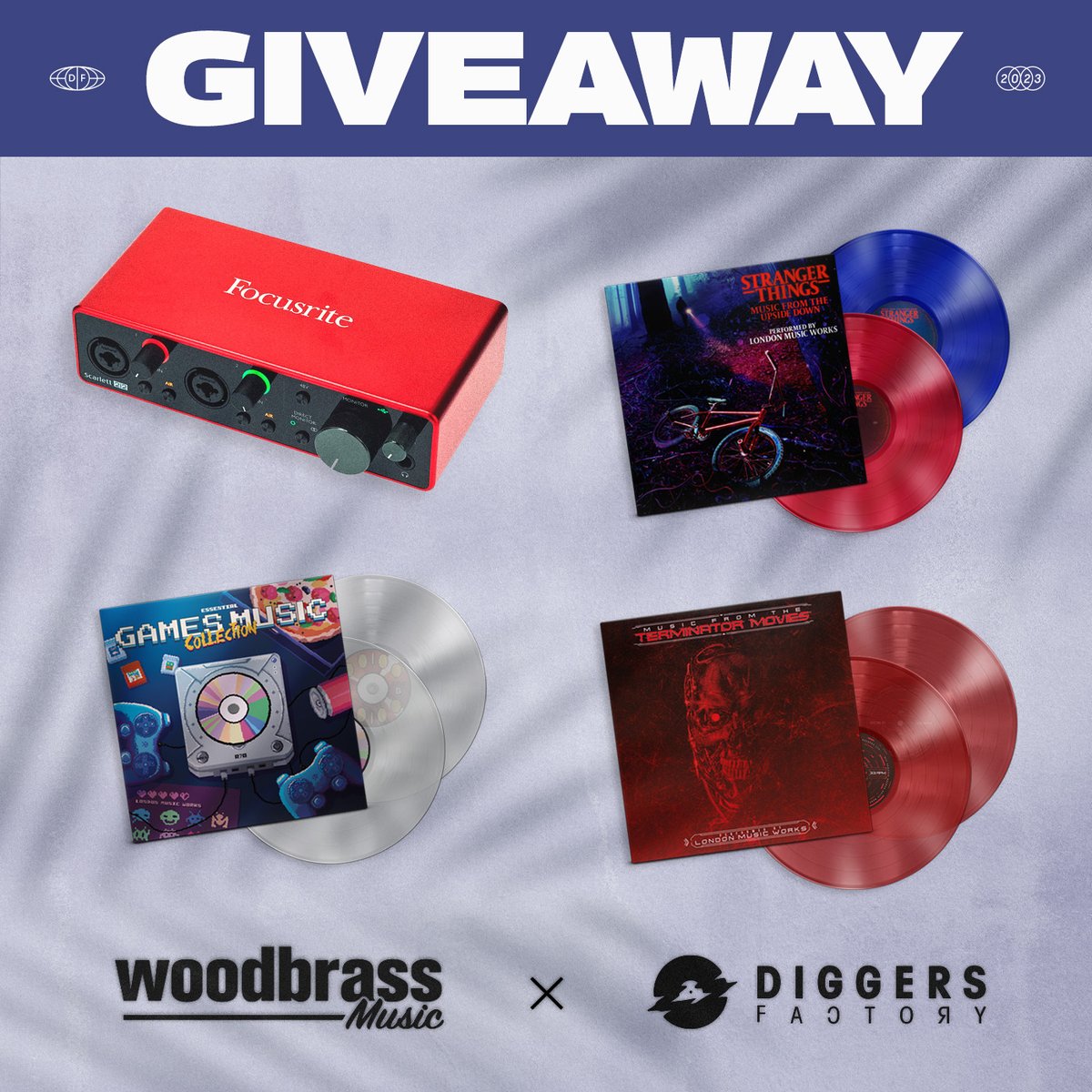 Diggers Factory and Woodbrass Music have teamed up to bring you an amazing giveaway! 🤩 You could WIN 3 incredible vinyl records from London Music Works:

🎮 "The Essential Games Music Collection"
🤖 "Music From the Terminator Movies"
🚲 "Stranger Things"
But that's not all!