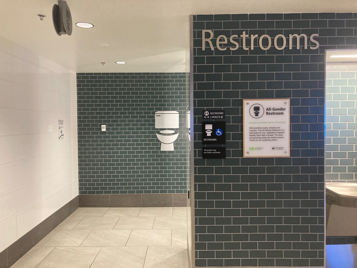 SEATAC airport did it. 
Sanitary fixtures as wayfinding. 
Hallelujah !