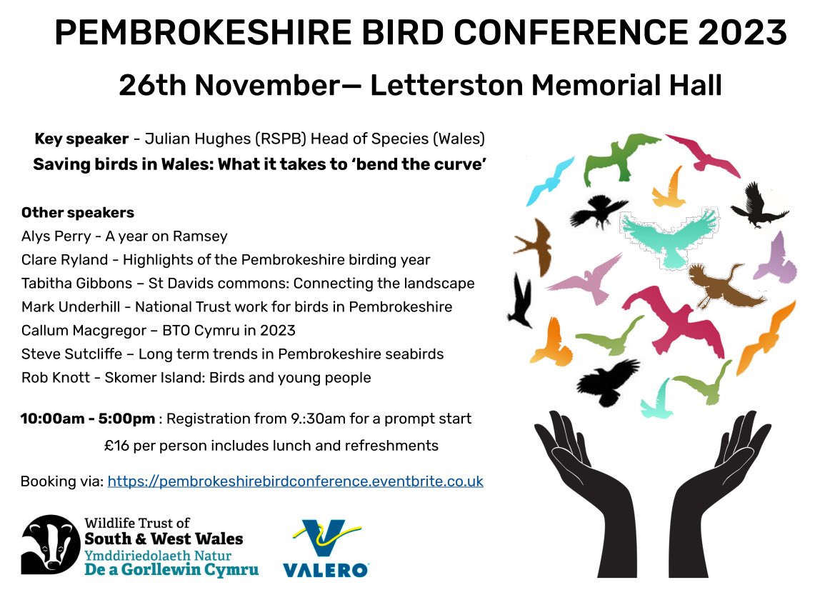 Pembrokeshire Bird Conference
Cynhadledd Adar Sir Benfro

📍Letterston Memorial Hall
      Neuadd Goffa Treletert

📅 26.11.33

🎟️ …eshirebirdconference.eventbrite.co.uk