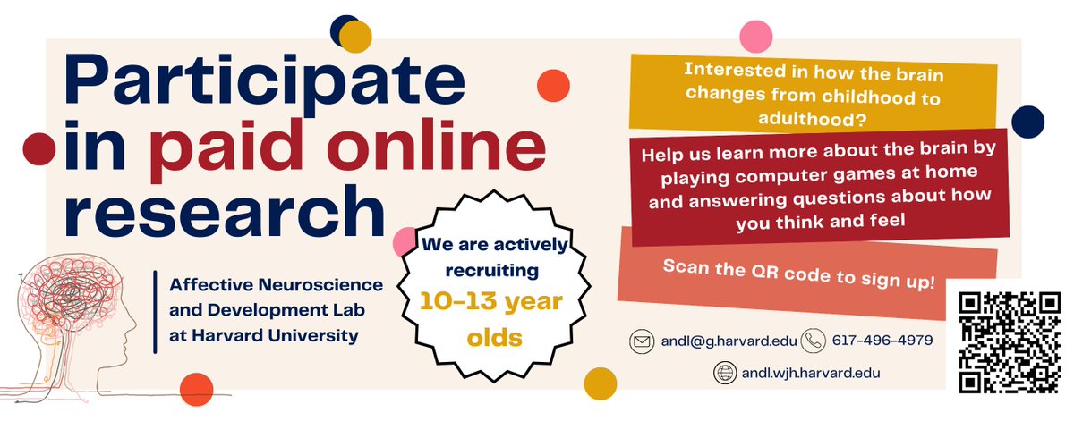 🧠 <a href="/ANDL_Harvard/">ANDL</a> is recruiting 10-13 yos to participate in paid online research studies.   
💡 Know someone who fits the bill? Pls pass our info along to their parent/guardian!  
🙋‍♀️ Have a child in this age range? Sign them up here: harvard.az1.qualtrics.com/jfe/form/SV_eh….
💖 Thank you!