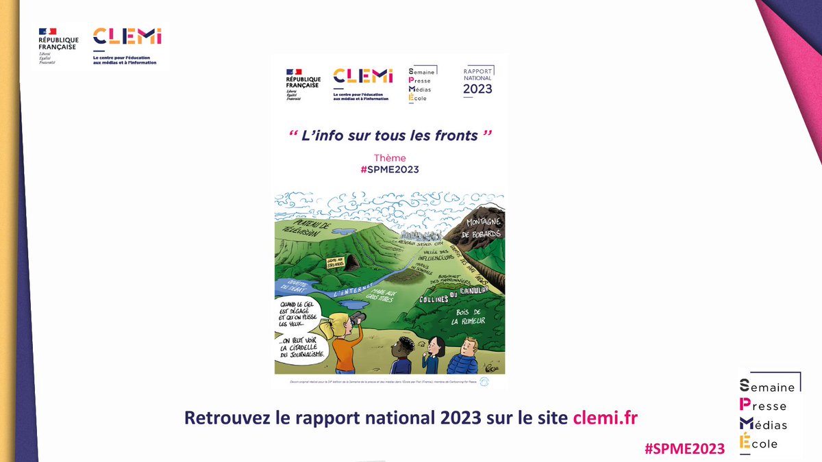 LeCLEMI's tweet image. Le rapport de la Semaine de la Presse et des Médias dans l&apos;École 2023 du #CLEMI est sorti : une participation en hausse, des partenaires toujours plus mobilisés et des actions pédagogiques renforcées. #SPME2023