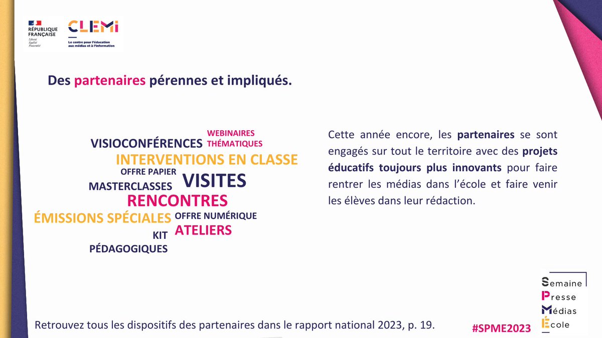 LeCLEMI's tweet image. Le rapport de la Semaine de la Presse et des Médias dans l&apos;École 2023 du #CLEMI est sorti : une participation en hausse, des partenaires toujours plus mobilisés et des actions pédagogiques renforcées. #SPME2023