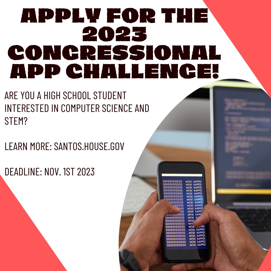 The Nov. 1st deadline is approaching! Visit: santos.house.gov/services/congr… to learn more!

#CongressionalAppChallenge
#AppChallenge