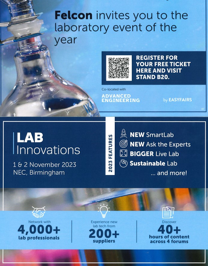 Are you attending this year's #labinnovations2023 at the NEC, Birmingham on the 1-2 November?

Felcon are excited to announce that we are attending and are exhibiting on Stand B20. Come and meet our friendly team to discuss your design and build requirements.
#advancedengineering