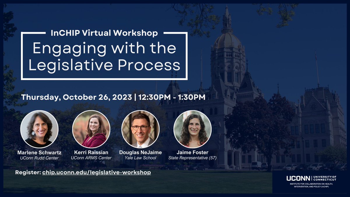 This Thursday @ 12:30, @UConn_InCHIP is hosting a legislative engagement #webinar! 💻 Rudd Director Marlene Schwartz, @kerri_raissian from @UConn_ARMS, @dnejaime from @YaleLawSch, and @jfoster_rd will be leading this important discussion! RSVP here: chip.uconn.edu/legislative-wo…