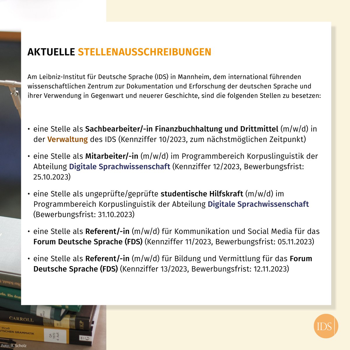 IDS Mannheim (@ids_mannheim) on Twitter photo #Stellenausschreibungen am IDS: Aktuell sind in der Verwaltung, der Digitalen Sprachwissenschaft und dem Team des Forums Deutsche Sprache Stellen zu besetzen. Zu den Ausschreibungen: ➡️ids-mannheim.de/org/karriere/s… Jetzt bewerben & an Interessierte weiterleiten! 😊 #Stellenausschreibungen am IDS: Aktuell sind in der Verwaltung, der Digitalen Sprachwissenschaft und dem Team des Forums Deutsche Sprache Stellen zu besetzen. Zu den Ausschreibungen: ➡️ids-mannheim.de/org/karriere/s… Jetzt bewerben & an Interessierte weiterleiten! 😊