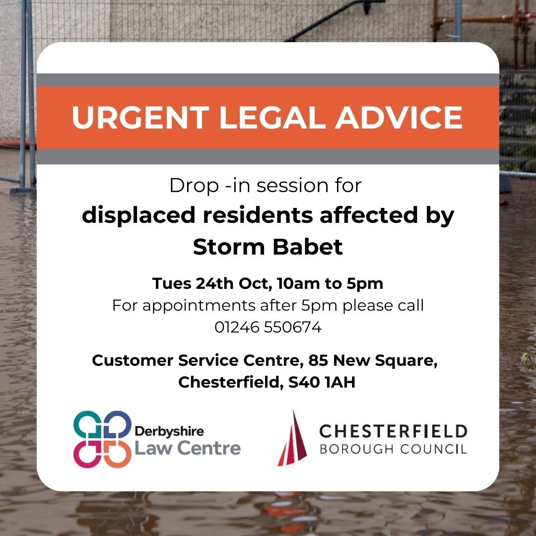 URGENT DROP IN SESSION for #Chesterfield residents displaced by flooding - please share! Tomorrow - Tues 24 Oct for people that have been affected by the floods and cannot return to their home. 10am - 5pm, Customer Service Centre, S40 1AH Please call us for appts after 5pm