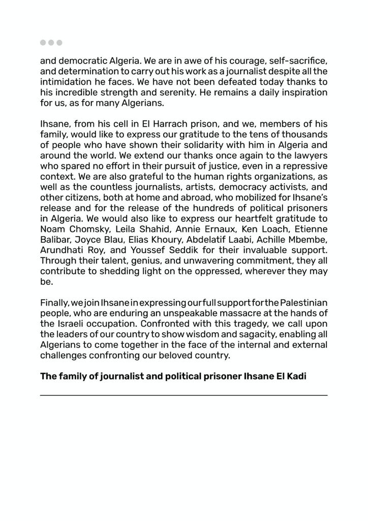 🔴Statement from the family of journalist and director of Radio M and Maghreb Émergent, Ihsane El Kadi, following the decision of the Algerian Supreme Court to reject his appeal in two cases.