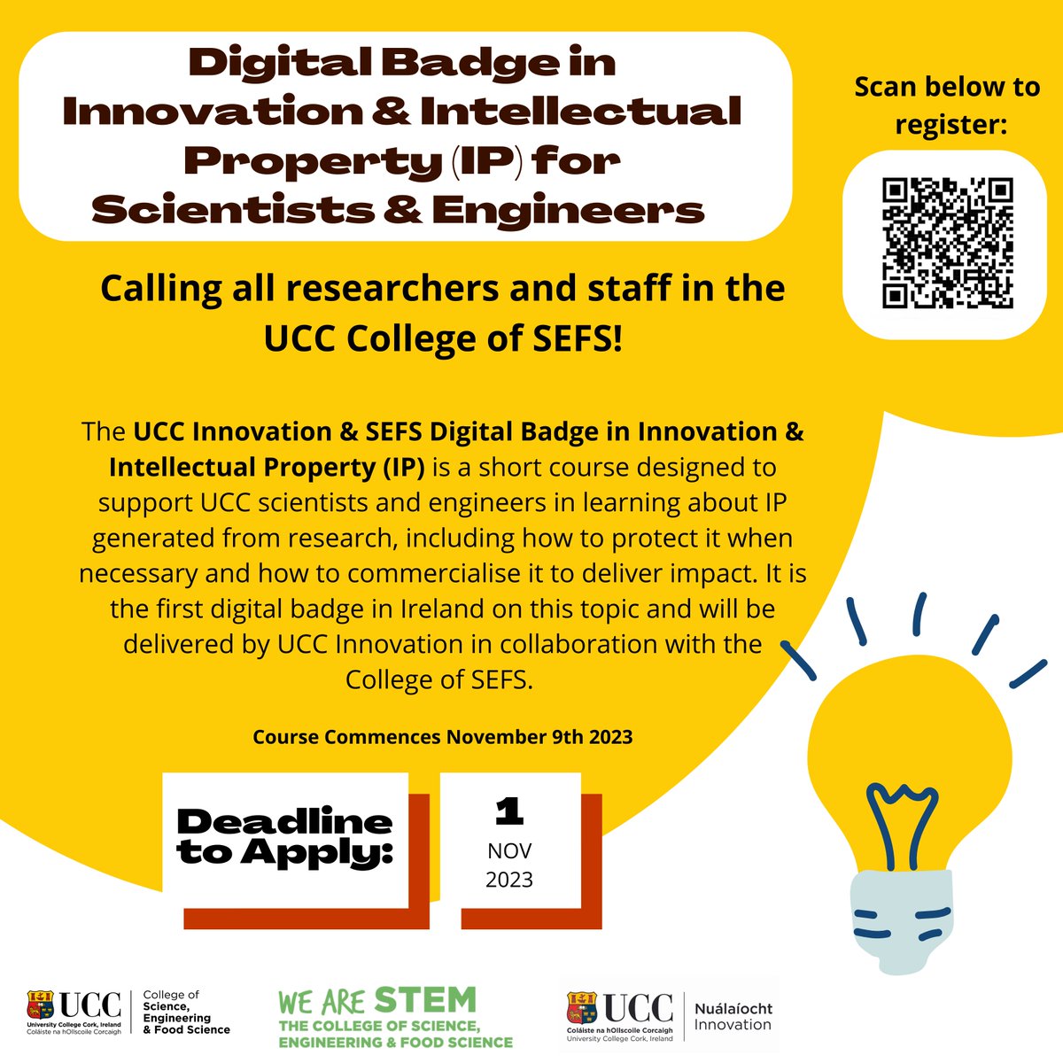 Protect and commercialise your Intellectual Property: We are thrilled to work with @uccinnovation on this digital badge for #scientists and #engineers @UCC Register now: forms.office.com/pages/response…