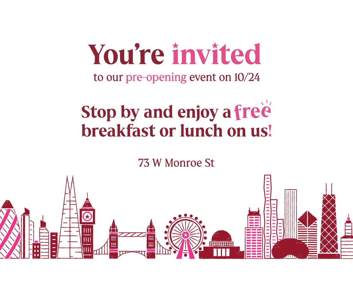 We’re so excited to be back in Chicago! Pop in on Tuesday for our pre-opening—The first 200 people to arrive from 8-10 am will enjoy a free breakfast and the first 200 people to arrive from 12-2 pm will enjoy a free lunch! See you there!

First come, first served. While supplies