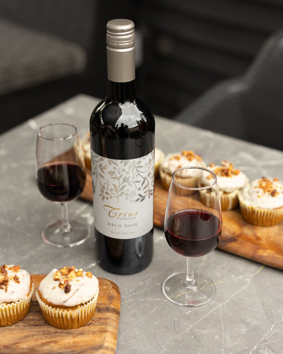 Fall is officially here and it's the perfect season to enjoy a glass of our Baco Noir paired with homemade pumpkin muffins. This wine has a beautiful balance of fruit and spice, savoury layers of black cherry, plum, and subtle hints of smoky oak. #TriusWines #GetTogetherWithTrius