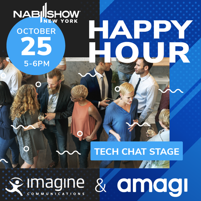 After a long day treading the show floor at @NABShowNY, join Imagine Communications &amp; Amagi at our Happy Hour!

📅 Date: October 25th
🕔 Time: 5-6pm
📍 Tech Chat Stage, Javits Center, New York

Swing by Imagine booth 248 or Amagi booth 603 to pick up an invite!
#NABShowNY
