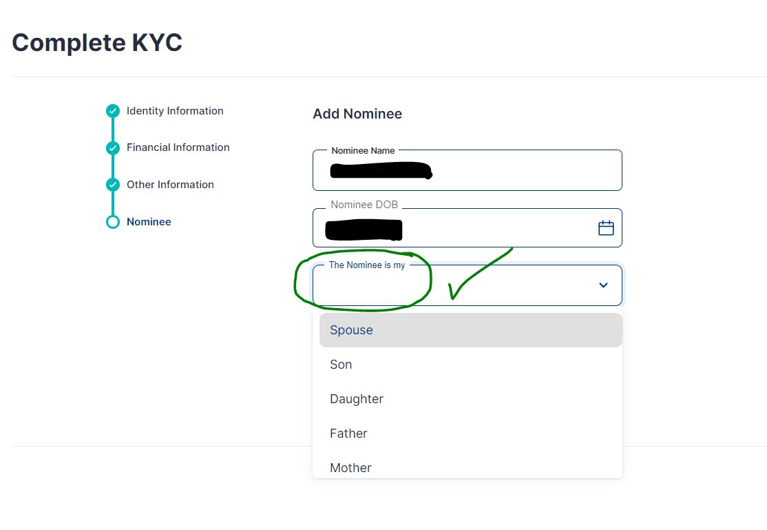 Rahul_J_Mathur's tweet photo. Great design of the nominee info capture:

Most companies use the copy - "Relationship"

They don't specify if this is *my* relationship with nominee ("son") or *nominee* relationship with me ("mother")

Whereas, @gripinvest uses the copy - "This nominee is my.."
Crystal clear👌 https://t.co/rwPtSzWU43