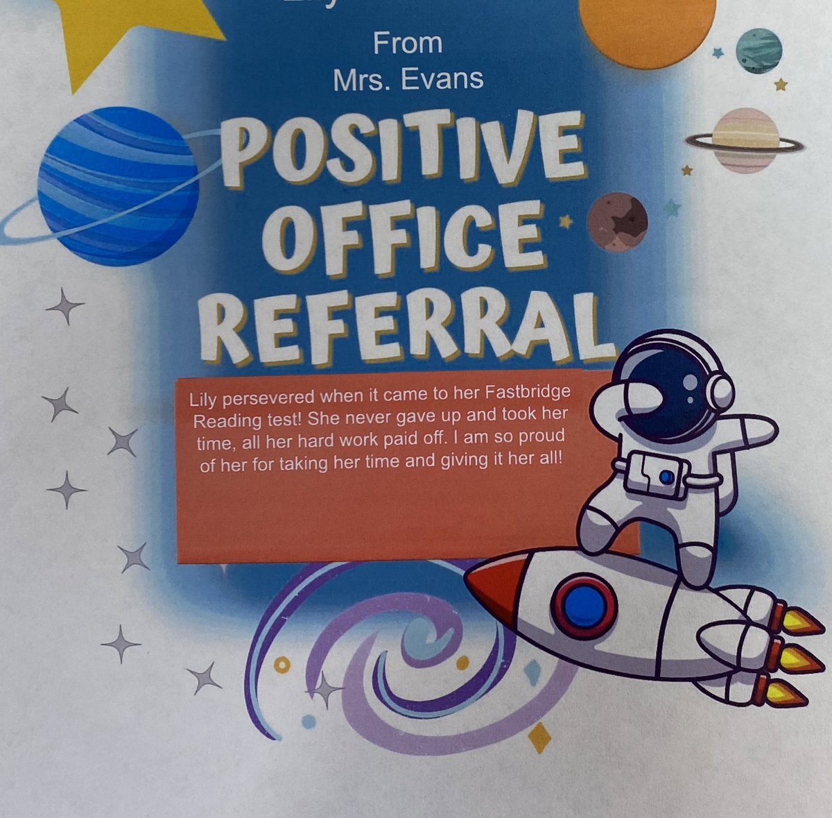 1sherylanderson's tweet photo. Lilly received a positive office referral for persevering and never giving up on her reading test! Way to go! 🚀@JresRockets @Miss_S_Ferguson https://t.co/Z0RI9FX8cY