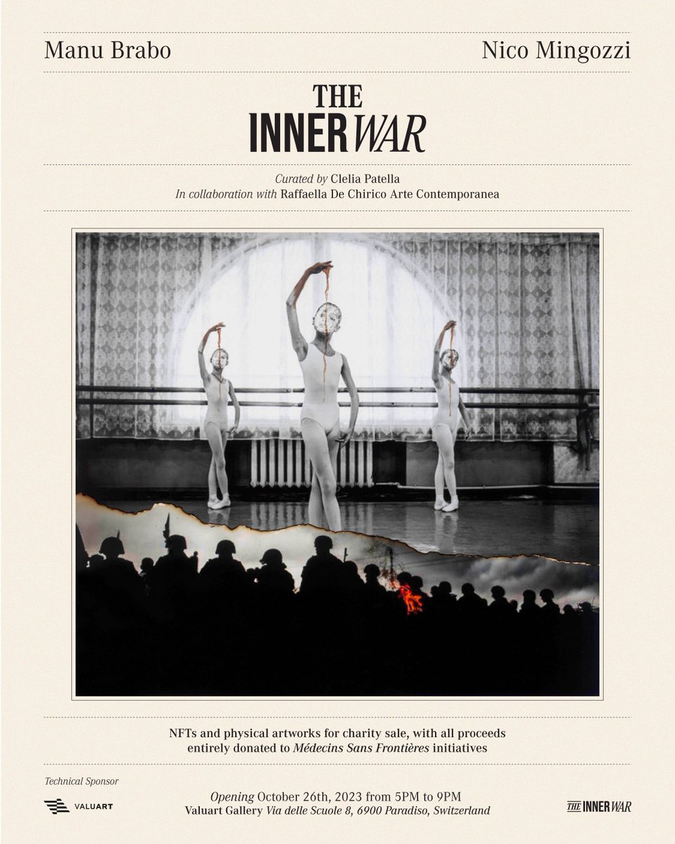 Manu Brabo's Pulitzer-winning war photography and Nico Mingozzi's introspective collage technique come together to convey the raw narratives of war-torn landscapes and the emotions of those caught within.

Valuart is proud to present ‘The Inner War’, an IRL Exhibition shedding