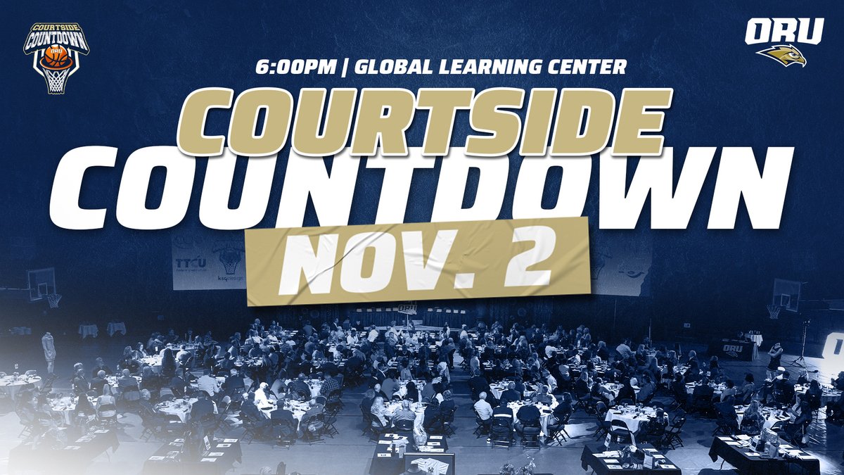 Courtside Countdown is COMING SOON! 🚨🚨
The annual event will be Thursday, November 2 at 6 p.m. in the Global Learning Center on the ORU campus.

Come out and meet both #ORUMBB &amp; #ORUWBB and support Golden Eagle scholarships❗❗❗
Visit oruathletics.com/cc23 to register TODAY!