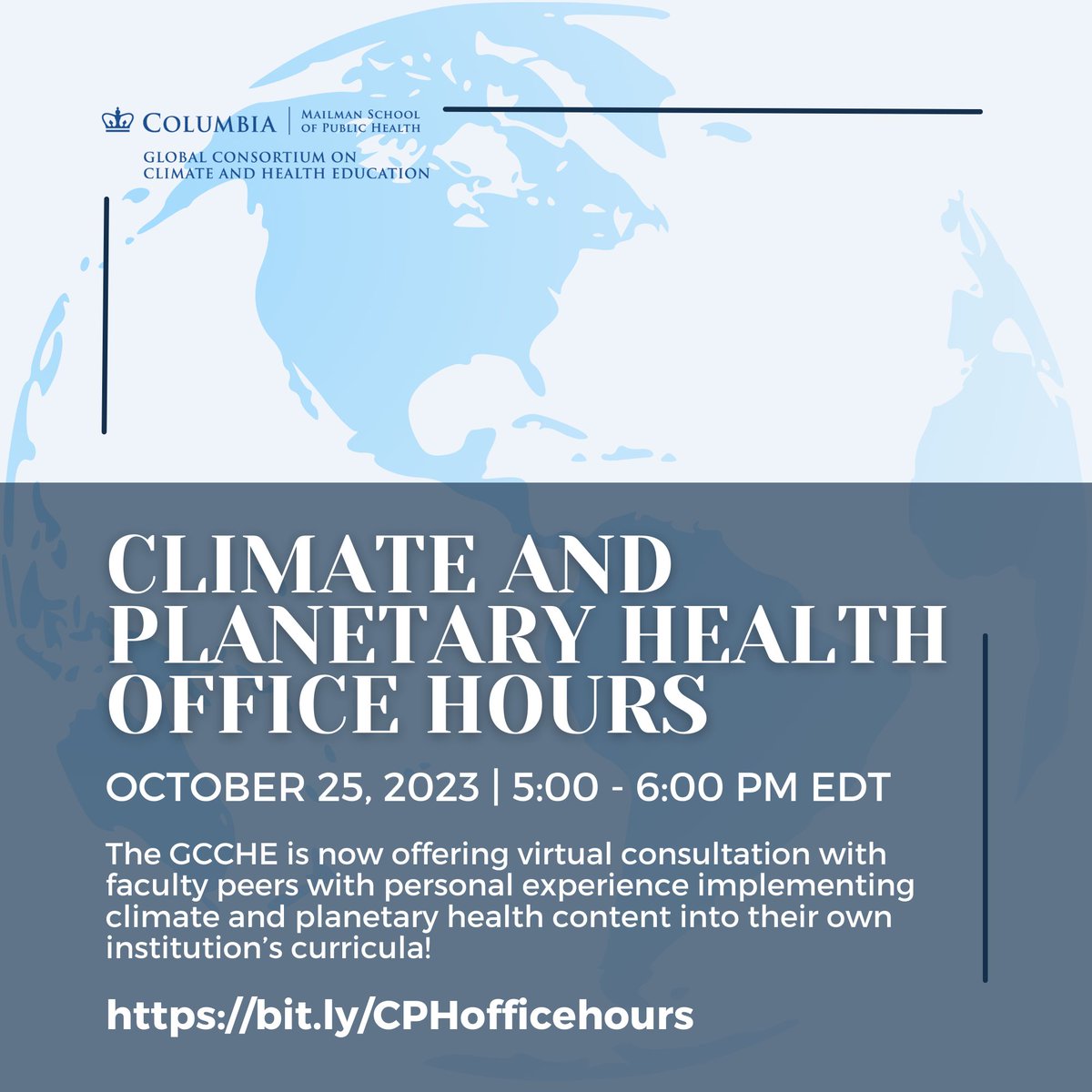 GCCHE_'s tweet image. Join us later this week on October 25th to talk about your questions and ideas for developing a climate and health curricula at your health professions institution! 

Register: publichealth.columbia.edu/research/progr…

#climateishealth
#MedEd
#ClimateCrisis