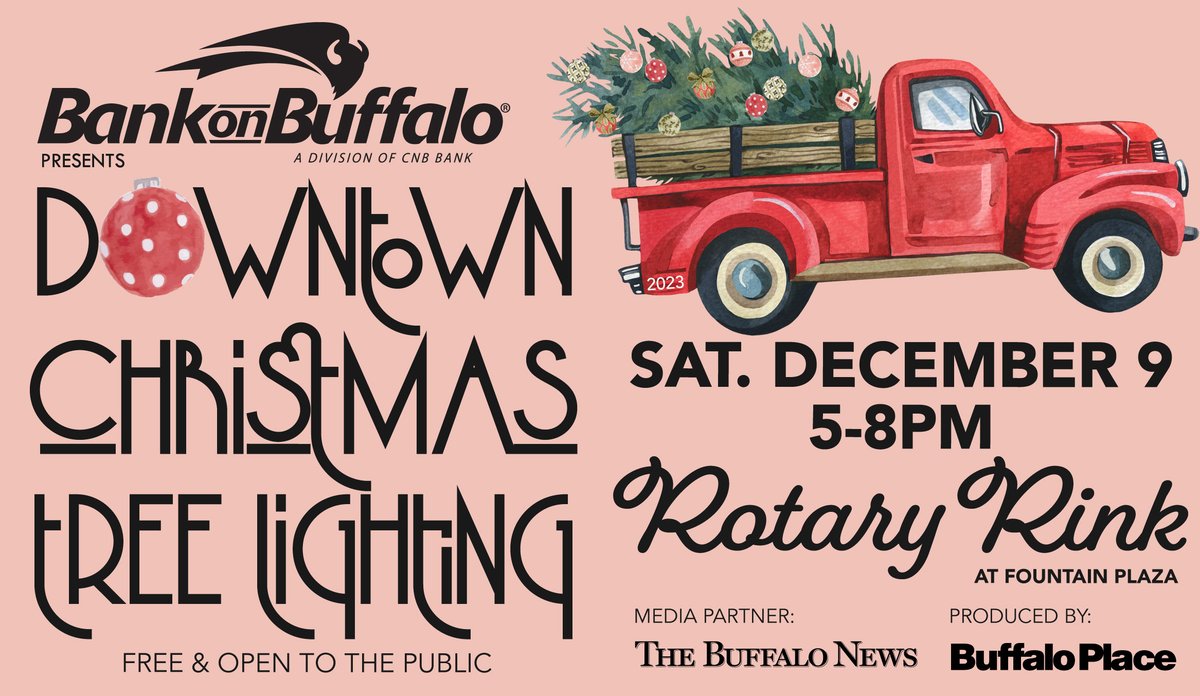 Saturday, December 9th, BankOnBuffalo Presents the Downtown Christmas Tree Lighting Celebration at Rotary Rink at Fountain Plaza. This annual event marks the official opening of the free ice-skating season in the heart of Downtown Buffalo. bit.ly/46M6CIv🎄