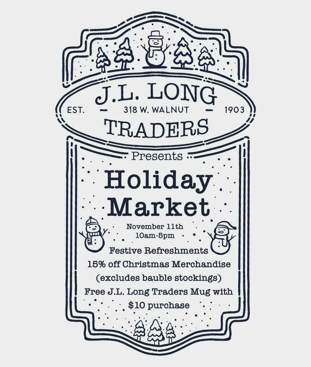 jllongtraders's tweet photo. 🎄Join us on November 11 for festive treats, 15% off Thanksgiving and Christmas merchandise (excludes Bauble Stockings) and a free J.L. Long Traders tin camping mug with a $10 purchase for all your winter campfires. ☃️ 
https://t.co/eGXsQa0BzT https://t.co/uak2MtKYqM