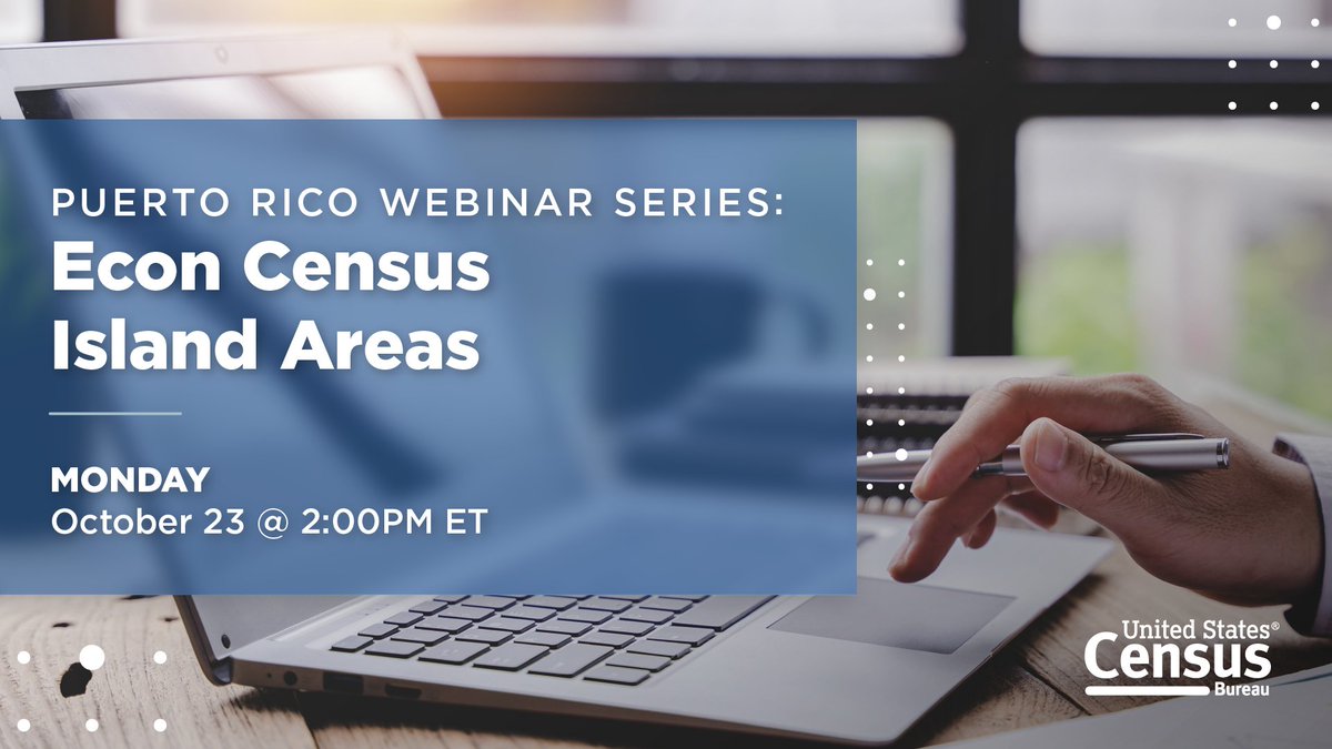 uscensusbureau's tweet photo. #WebinarAlert from our Puerto Rico webinar series!
Our 2PM #webinar will provide an overview of the Economic Census and business and industry data available for #PuertoRico.
Join us: https://t.co/kld5xqaRJo
#PRdata #EconCensus https://t.co/vD52Drzlep