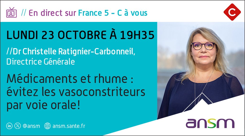 ansm's tweet image. 📺Dr Christelle Ratignier-Carbonneil, directrice générale de l'#ANSM, est l'invitée de @cavousf5 sur les #médicaments vasoconstricteurs contre le #rhume

📌Aujourd'hui à 19h35 en direct sur #France5

#MedicamentsEtMoi #BonUsage