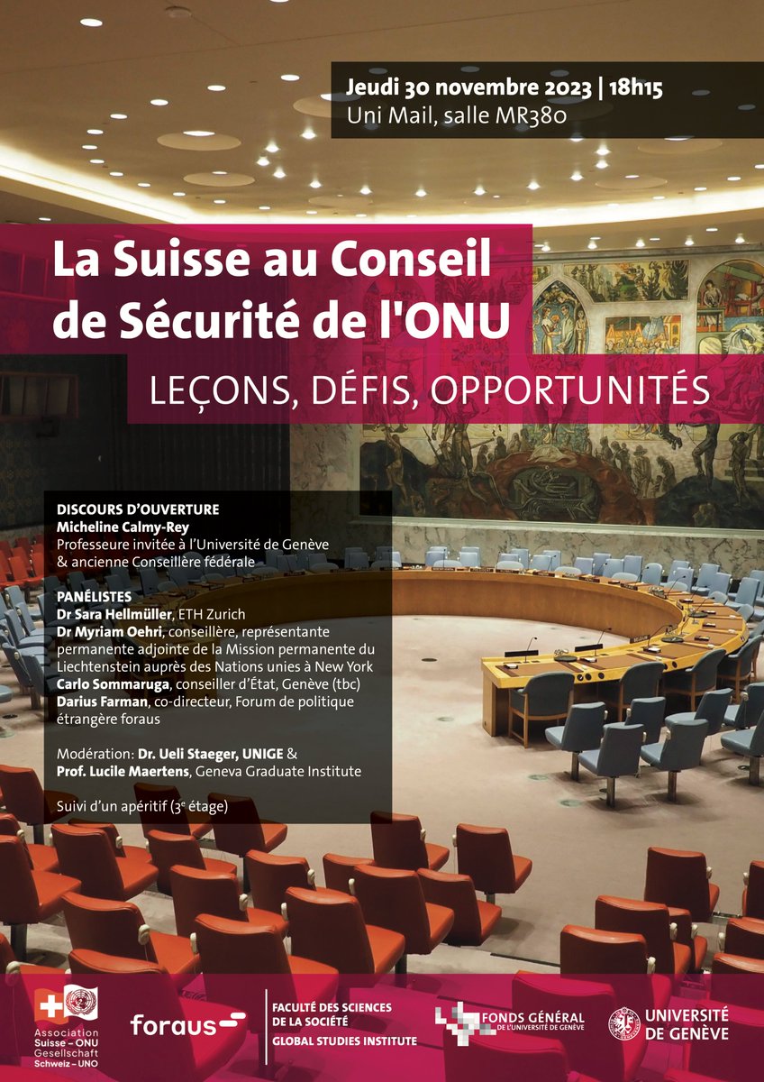 Switzerland's #SecurityCouncil membership is soon at half-time. What have we learned? What are major challenges? And does Switzerland seize all available opportunities? Join us on 30 November: agenda.unige.ch/events/view/37…