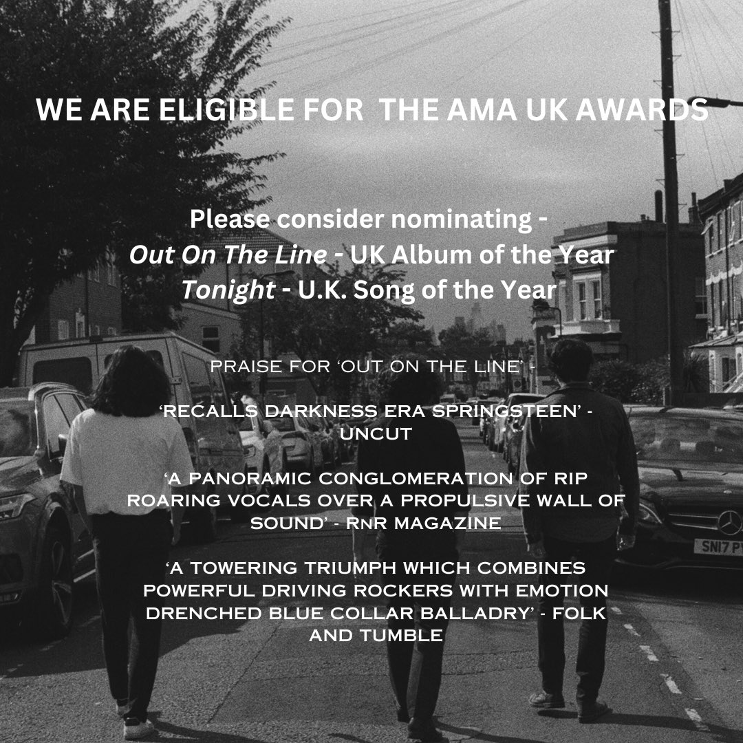 We are eligible for <a href="/TheAMAUK/">Americana Music UK</a> awards this year and would massively appreciate members considering us!

Please consider nominating us for:

UK Album Of The Year - Out On The Line
UK Song of the Year - Tonight

<a href="/PindropMusic/">Pindrop Publicity</a> @americanaUK <a href="/leader_music/">Leader music</a> <a href="/folkandtumble/">Folk and Tumble</a> <a href="/uncutmagazine/">Uncut Magazine</a>