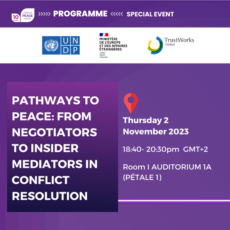 UNDPGeneva's tweet photo. At @GenevaPeaceWeek, @UNDP @francediplo @TrustWorksG invite you to learn how insider mediators are sustaining peace 👥🗣️ following a special 🎬film screening on #negotiation. Register below.