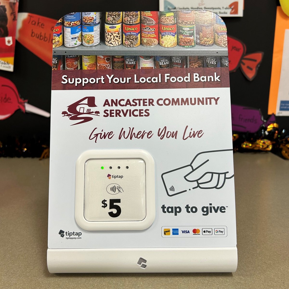 AncasterCommSer's tweet photo. Tap to Give! ❤️ Touchless giving to Ancaster Community Services is now as simple as a quick tap. Use your debit card, credit card, Apple Pay or Google Pay to donate $5 to your local #FoodBank. 🥫
Watch for our new @tiptappay device!
#GiveWhereYouLive #TipTapPay #TapToGive https://t.co/UhuwdKnvvF