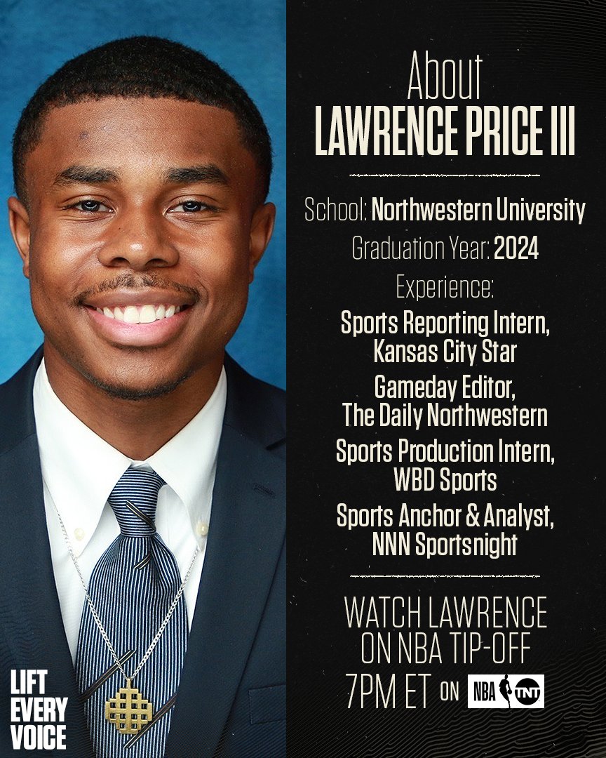 As part of our commitment to amplifying underrepresented voices in journalism, #NBAonTNT will host Lawrence Price III as our Oscar Pope Lift Every Voice Fellow. Lawrence (@LPIII_TRES) will join the crew for NBA Opening Night at @Lakers vs. @Nuggets 🎤