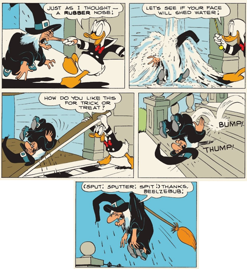 #October2023 #CarlBarks #TheMozartOfDucks After being attacked by a #Panther, a #Parrot, a #Bear & the #Devil (in the previous month), #DonaldDuck fights against a #Doggone #OldWitch: 'Scram! Hey, what's the big idea?' 🦆🧹🧙‍♀️🎃🚿 🤣🤣🤣🤣🤣