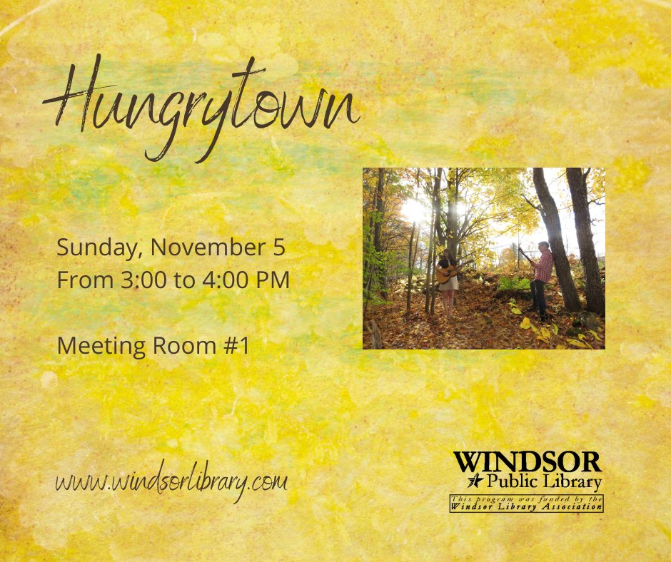 Hungrytown
Sunday, November 5,
3:00pm - 4:00pm
Make 2023 the year of music! Join us at the Main Library for the folk music act Hungrytown. Hungrytown has been playing together for over 20 years and have beautiful vocals and clever lyrics. No registration necessary.