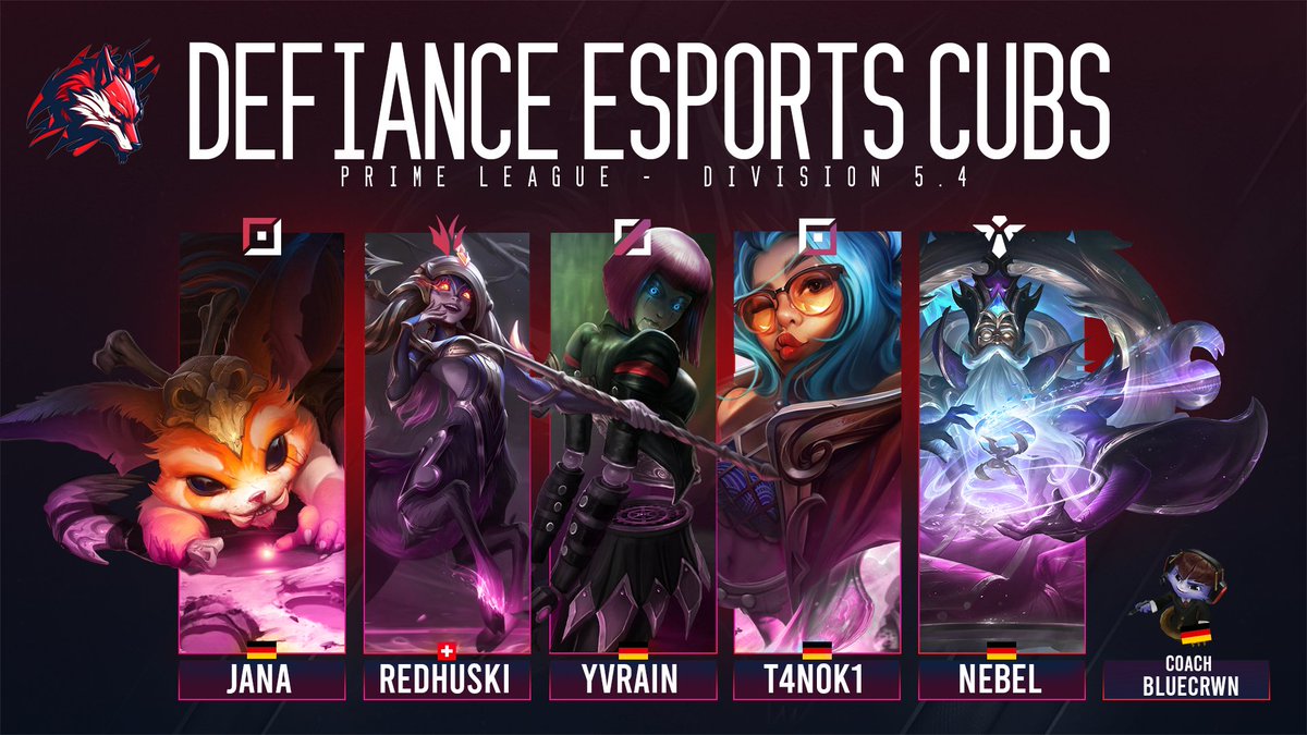 Today we offically welcome our cubs,
they will compete in Prime League Division 5.10 and already had an amazing start with a 4:0 score after the first 2 matchdays 

⚔️ <a href="/Jana_loltop/">Jana</a> 
🌴 <a href="/PhilipHaller2/">Philip</a> 
🧙‍♂️ <a href="/YvraineLoL/">Martin</a> 
🏹 <a href="/lorkunz/">Lollenz</a> 
⛑️ <a href="/lol_nebeL/">Kind im nebeL</a>  

👨‍🏫 <a href="/bluecrwn/">Bluecrwn</a> 
💼 <a href="/The_S3B/">seb</a>
