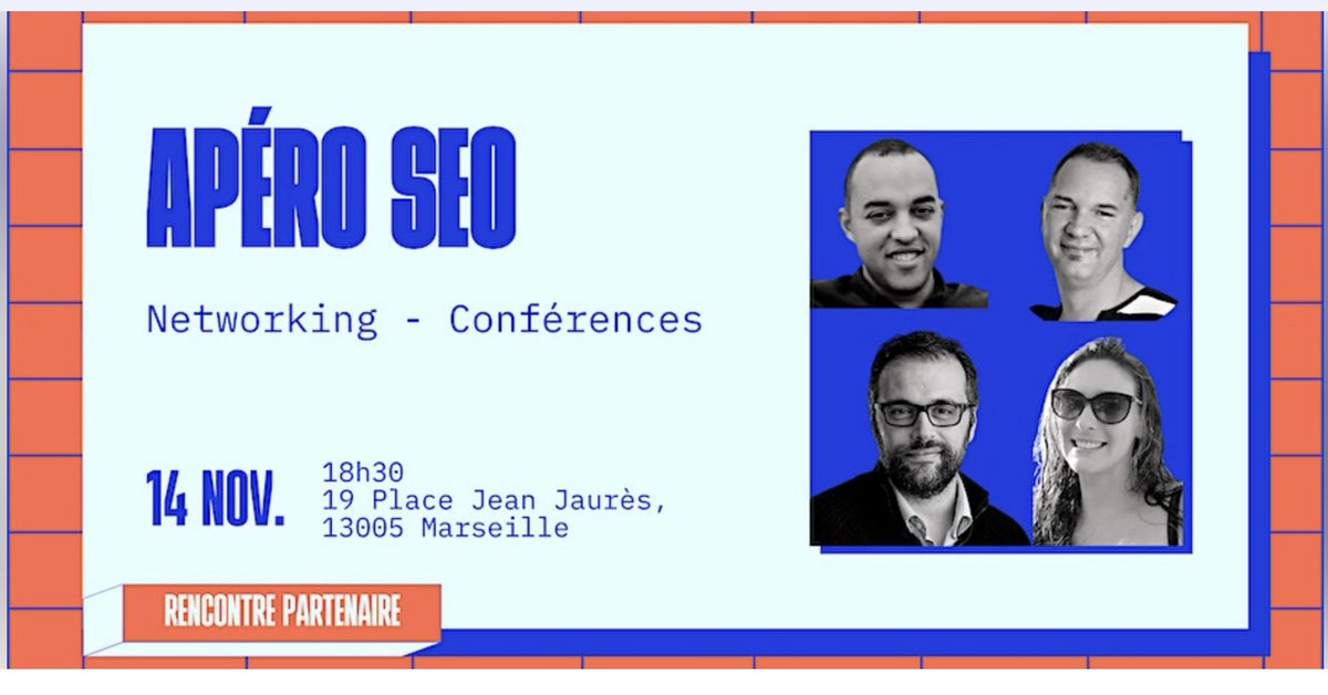 🍺 Le prochain Apéro #SEO aura lieu le 14 Novembre à Marseille à la Briqueterie <a href="/brqtr_mrs/">La Briqueterie</a> 🧱

RDV à 18h pour : 
- Networker 
- Profiter des conférences de <a href="/dsampaolo/">Didier Sampaolo</a> <a href="/kakocreation/">Kako</a> <a href="/sixpixels_web/">Pascal Périn - Six Pixels</a> <a href="/NicolasDugnas/">Nicolas Dugnas</a> 
- Trinquer ensemble

Places limitées, inscris-toi ⬇️ et RT 🫶