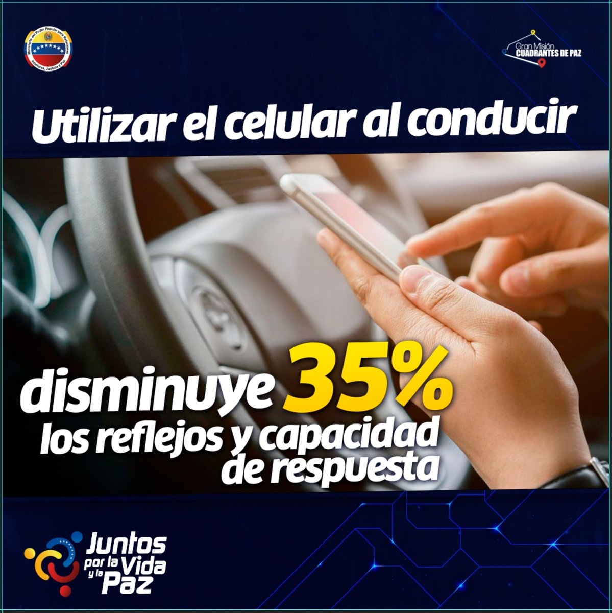 MijpVzla's tweet image. #SabiasQué 🔍 || El 96% de los accidentes de tránsito son ocasionados por la utilización del teléfono celular al momento de manejar. 🚦

Dale luz verde a la prevención, promueve la conciencia vial, juntos por la vida y la paz!

#ElEsequiboEsVenezolano