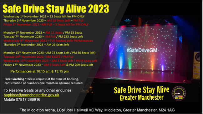SDSA Gtr Manchester (@safedrivegm) on Twitter photo We are getting ready for this years Safe Drive Stay Alive performances @Middleton_Arena starting 1st November 2023. Seats still available, book now! Email hopkinsr@manchesterfire.gov.uk We are getting ready for this years Safe Drive Stay Alive performances @Middleton_Arena starting 1st November 2023. Seats still available, book now! Email hopkinsr@manchesterfire.gov.uk