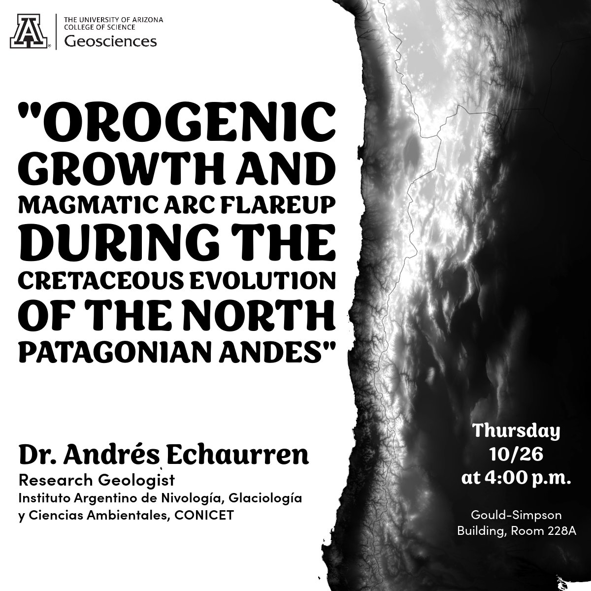 uazgeos's tweet photo. Please join us for this week's Geosciences colloquium talk by Dr. Andrés Echaurren, visiting us from Mendoza, Argentina. See more information at: https://t.co/dvu8qzQ19O
#earth #tectonics #magmatism #andes #science https://t.co/gMb2vi3mH5