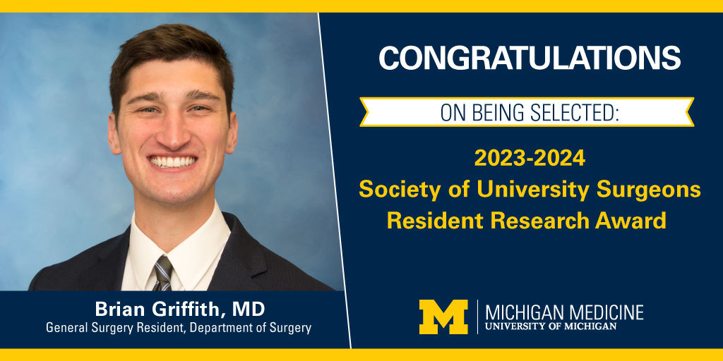 UMichSurgery's tweet photo. 💥Huge💥 congratulations to @BGriffithMD for receiving the @UnivSurg Resident Research Award!

Project: The Role of the Aryl Hydrocarbon Receptor in Shaping the Tumor Immune Microenvironment in Pancreatic Cancer. https://t.co/Gj3Ai5QlbF