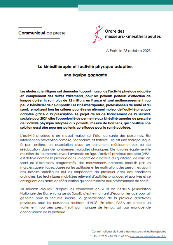 cnomk's tweet photo. [COMMUNIQUÉ DE PRESSE 📝La kinésithérapie et l'activité physique adaptée, une équipe gagnante]

Les études scientifiques ont démontré l’apport majeur de l’activité physique adaptée en complément des autres traitements, pour les patients porteurs d’affection de longue durée. Ils sont plus de 12 millions en France et sont malheureusement trop peu à bénéficier de ce dispositif. 

Les kinésithérapeutes, professionnels de santé et du sport, remplissent tous les critères pour être un élément moteur de l’activité physique adaptée grâce à la prescription.

Le projet de loi de financement de la sécurité sociale pour 2024 offre l’opportunité de permettre aux kinésithérapeutes de prescrire de l’activité physique adaptée aux patients, mesure de bon sens, qui constitue une solution aussi sûre pour nos patients qu’efficace pour la santé publique.

Retrouvez le communiqué du 
@cnomk➡️https://t.co/BXJnLJpbY0