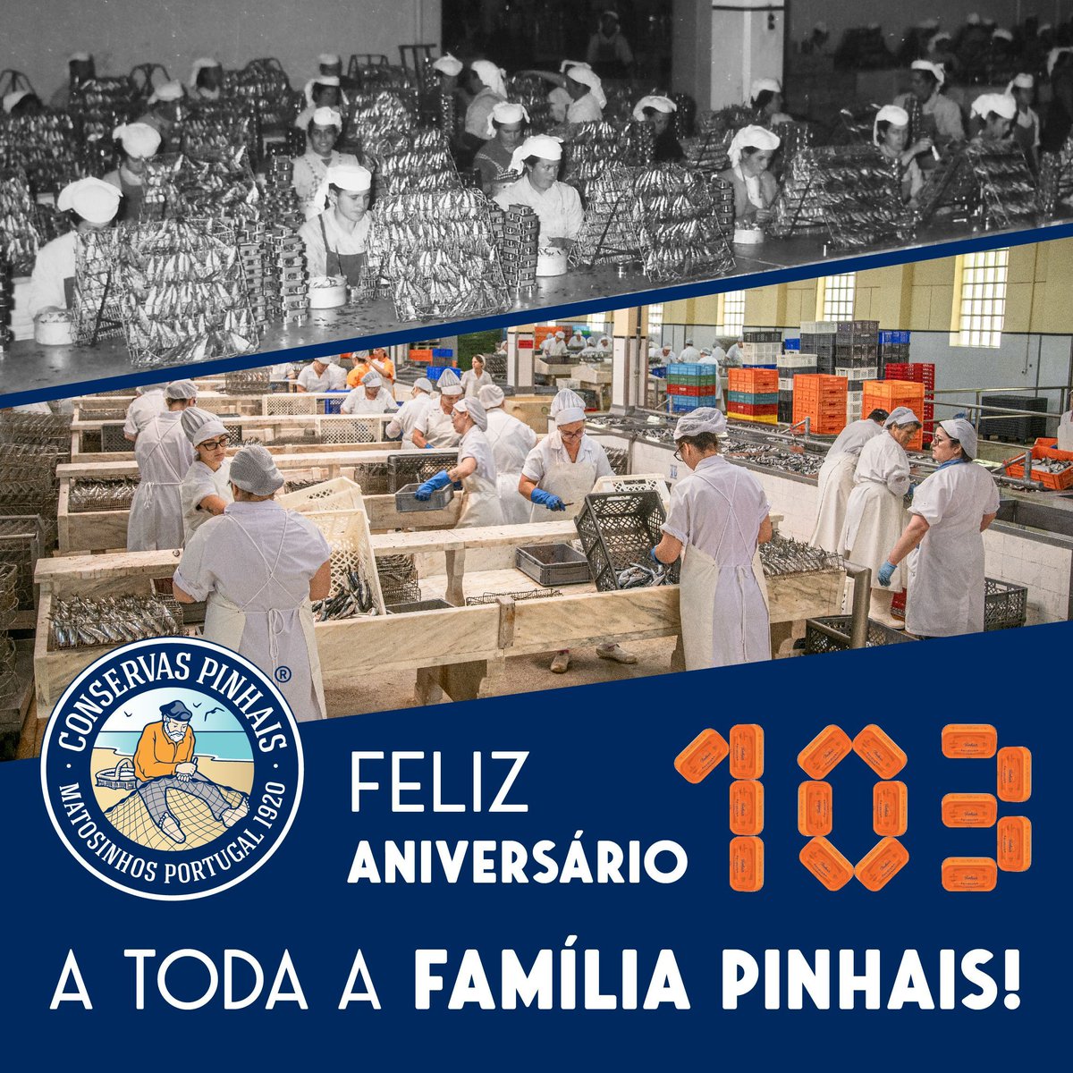CPinhais's tweet photo. Após 103 anos de existência da conserveira Pinhais, continuamos a desempenhar o nosso papel na preservação dos nossos valores, processo de fabrico e carinho pela nossa família Pinhais! 🎂 Obrigado a todos os que nos acompanham neste trajeto e que seja por muitos mais séculos! 🫶 https://t.co/t4BV6Mrwo8