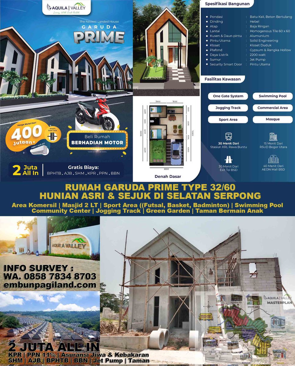 Malam Pak Jokowi, Pak Prabowo, Pak Gibran... 

Perumahan Aquila Valley, Hunian yang asri &amp; sejuk di selatan serpong
Cuma Bayar 2 Juta All In Langsung Akad

Info Survey :
WA. 0858 7834 8703
Untuk List Properti lainnya bisa dilihat di situs pribadi saya embunpagiland.com
